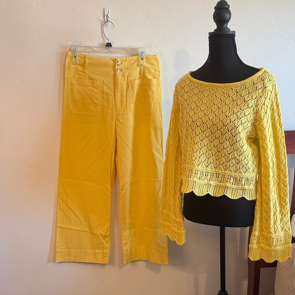 Sunny Yellow Wide-Leg Linen Pants and Cotton Sweater